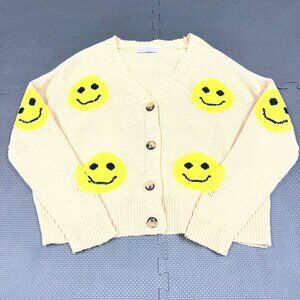 Miss Sparkling Beige Smiley Face Knit Cardigan With Button Front & Long Sleeves